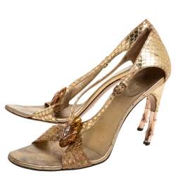 Gucci Gold Python Leather Embellished Bamboo Heel Sandals Size 37.5