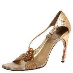 Gucci Gold Python Leather Embellished Bamboo Heel Sandals Size 37.5