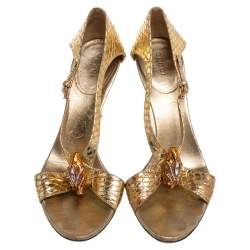 Gucci Gold Python Leather Embellished Bamboo Heel Sandals Size 37.5