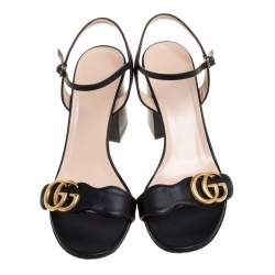 Pre Owned صندل غوتشي مارمونت جي جي كعب سميك و سير كاحل جلد أسود مقاس 38