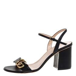 Pre Owned صندل غوتشي مارمونت جي جي كعب سميك و سير كاحل جلد أسود مقاس 38