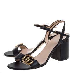 Pre Owned صندل غوتشي مارمونت جي جي كعب سميك و سير كاحل جلد أسود مقاس 38