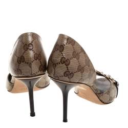 مملوكة مسبقًا Gucci Beige/Brown GG Coated Canvas Horsebit Open Toe Pumps Size 37.5