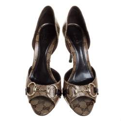مملوكة مسبقًا Gucci Beige/Brown GG Coated Canvas Horsebit Open Toe Pumps Size 37.5