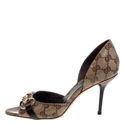 مملوكة مسبقًا Gucci Beige/Brown GG Coated Canvas Horsebit Open Toe Pumps Size 37.5