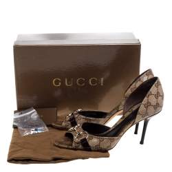 مملوكة مسبقًا Gucci Beige/Brown GG Coated Canvas Horsebit Open Toe Pumps Size 37.5