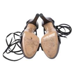 Pre Owned Gucci Black Leather Ebony Platform Ankle Wrap Sandals Size 38.5