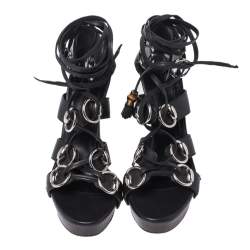 Pre Owned Gucci Black Leather Ebony Platform Ankle Wrap Sandals Size 38.5