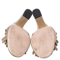 Pre Owned Gucci Gold Crackle Leather GG Marmont Fringed Slide Sandals Size 39.5