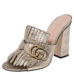 Pre Owned Gucci Gold Crackle Leather GG Marmont Fringed Slide Sandals Size 39.5