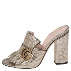 Pre Owned Gucci Gold Crackle Leather GG Marmont Fringed Slide Sandals Size 39.5