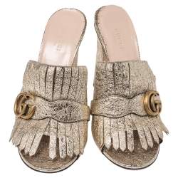 Pre Owned Gucci Gold Crackle Leather GG Marmont Fringed Slide Sandals Size 39.5