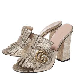 Pre Owned Gucci Gold Crackle Leather GG Marmont Fringed Slide Sandals Size 39.5