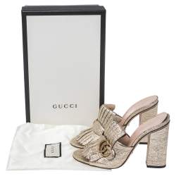 Pre Owned Gucci Gold Crackle Leather GG Marmont Fringed Slide Sandals Size 39.5