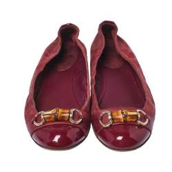 Pre Owned Gucci Burgundy Suede And Patent Leather Bamboo Horsebit Ballet Flats Size 39