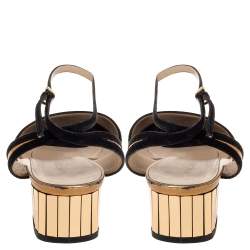 مملوكة مسبقًا Gucci Black/Gold Suede Leather Peep Toe Slingback Sandals Size 37.5