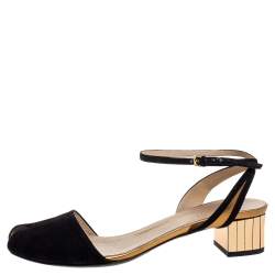 مملوكة مسبقًا Gucci Black/Gold Suede Leather Peep Toe Slingback Sandals Size 37.5