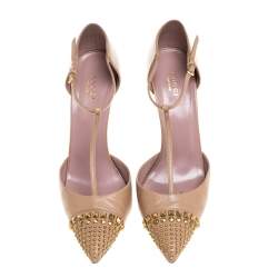 مملوكة مسبقًا Gucci Beige Leather Coline Studded T-Strap Pointed Toe Pumps Size 41.5