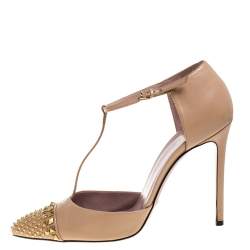 مملوكة مسبقًا Gucci Beige Leather Coline Studded T-Strap Pointed Toe Pumps Size 41.5