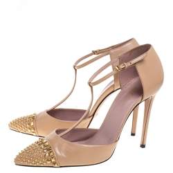 مملوكة مسبقًا Gucci Beige Leather Coline Studded T-Strap Pointed Toe Pumps Size 41.5