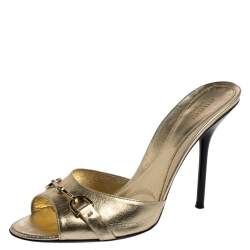 Pre Owned Gucci Gold Leather Horsebit Open Toe Slide Sandals Size 38