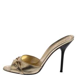 Pre Owned Gucci Gold Leather Horsebit Open Toe Slide Sandals Size 38
