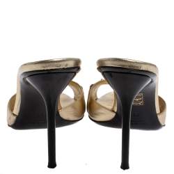 Pre Owned Gucci Gold Leather Horsebit Open Toe Slide Sandals Size 38