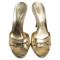 Pre Owned Gucci Gold Leather Horsebit Open Toe Slide Sandals Size 38