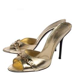 Pre Owned Gucci Gold Leather Horsebit Open Toe Slide Sandals Size 38
