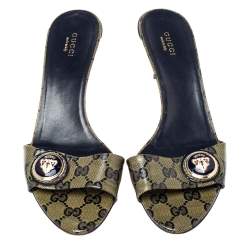 مملوكة مسبقًا صندل سلايد غوتشي هيستريا كانفاس جي جي كريستال أزرق كحلي مقاس 39