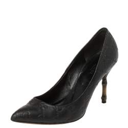 Pre Owned Gucci Black Guccissima Leather Kristen Bamboo Heel Pointed Toe Pumps Size 36