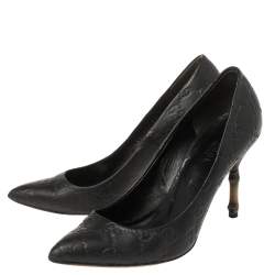 Pre Owned Gucci Black Guccissima Leather Kristen Bamboo Heel Pointed Toe Pumps Size 36