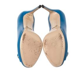 Pre Owned حذاء كعب عالي غوتشي مقدمة مفتوحة مزين هورسبيت جلد أزرق مقاس 35.5