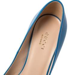 Pre Owned حذاء كعب عالي غوتشي مقدمة مفتوحة مزين هورسبيت جلد أزرق مقاس 35.5