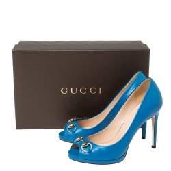 Pre Owned حذاء كعب عالي غوتشي مقدمة مفتوحة مزين هورسبيت جلد أزرق مقاس 35.5