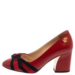 مملوكة مسبقًا Gucci Red Leather Web Bow Block Heel Pumps Size 34.5