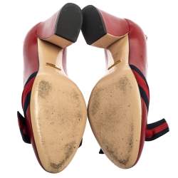 مملوكة مسبقًا Gucci Red Leather Web Bow Block Heel Pumps Size 34.5