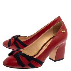 مملوكة مسبقًا Gucci Red Leather Web Bow Block Heel Pumps Size 34.5
