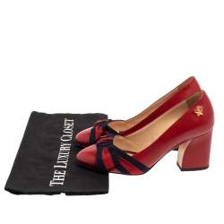 مملوكة مسبقًا Gucci Red Leather Web Bow Block Heel Pumps Size 34.5