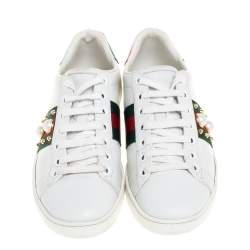 مملوكة مسبقًا Gucci White Leather New Ace Web Faux Pearl Embellished Low Top Sneakers Size 35