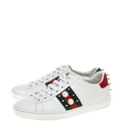 مملوكة مسبقًا Gucci White Leather New Ace Web Faux Pearl Embellished Low Top Sneakers Size 35