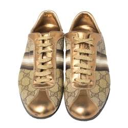 Pre Owned حذاء رياضى غوتشى منخفض من أعلى ويب جلد وكانفاس سوبريم ذهبى / بيج مقاس 39