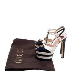 مملوكة مسبقًا صندل غوتشى سيور كاحل نعل سميك مرصع سبايك جلد أبيض وأزرق مقاس 37