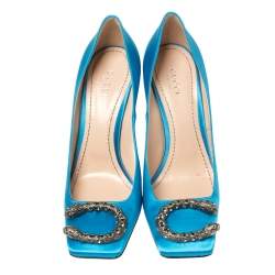 Pre Owned Gucci Blue Satin Dionysus Buckle Square Toe Pumps Size 38
