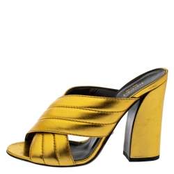 Pre Owned Gucci Metallic Gold Leather Webby Slide Sandals Size 39.5