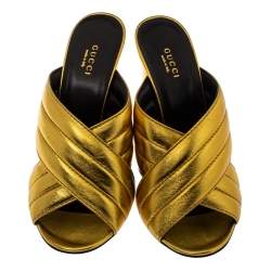 Pre Owned Gucci Metallic Gold Leather Webby Slide Sandals Size 39.5