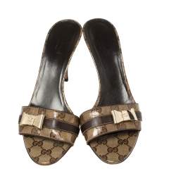 Pre Owned صندل سلايد غوتشى فيونكة معدن كانفاس كريستال جى جى بيج /بنى مقاس 40