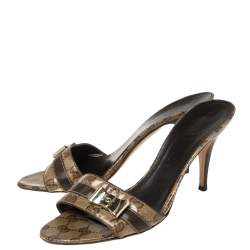 Pre Owned صندل سلايد غوتشى فيونكة معدن كانفاس كريستال جى جى بيج /بنى مق اس 40