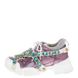 Gucci Metallic Purple Leather and Mesh Flashtrek Removable Crystals Sneakers Size 38