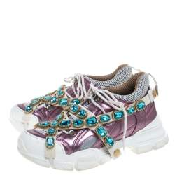 Gucci Metallic Purple Leather and Mesh Flashtrek Removable Crystals Sneakers Size 38